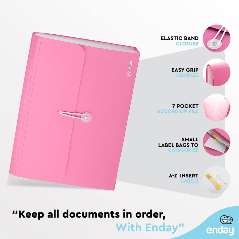 Enday Accordion File Organizer Pink, 7 Pocket Expanding File and Cover Folder with Labels, Plastic Portable Desktop Letter A4 Paper, Also Available in Red, Purple, Green, Blue, Grey, 1 Pc – by - Image 4